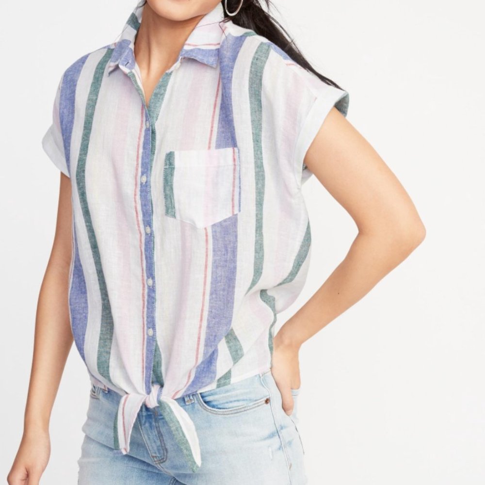 Old Navy Patterned Tie Hem Linen Blend Shirt